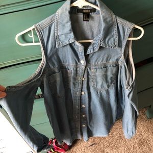 Denim off the shoulder button up